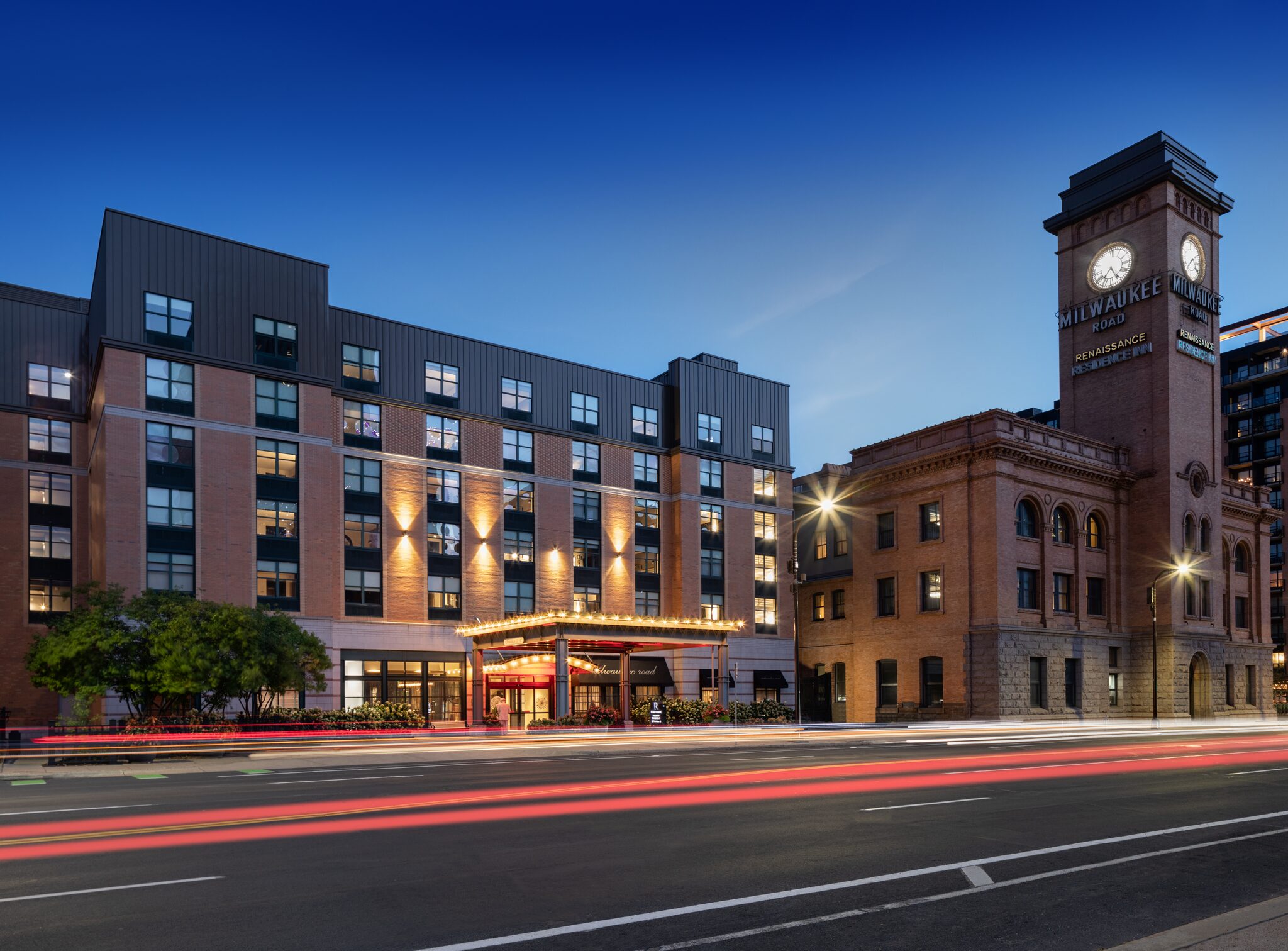 Renaissance Minneapolis Hotel, The Depot, and its Milwaukee Road clock tower at dusk