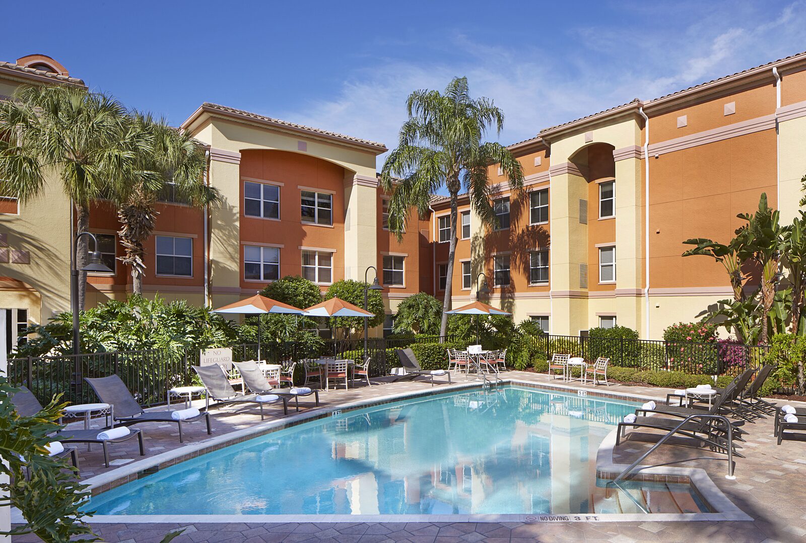 Residence Inn Naples pool surrounded by palm trees and lounge chairs